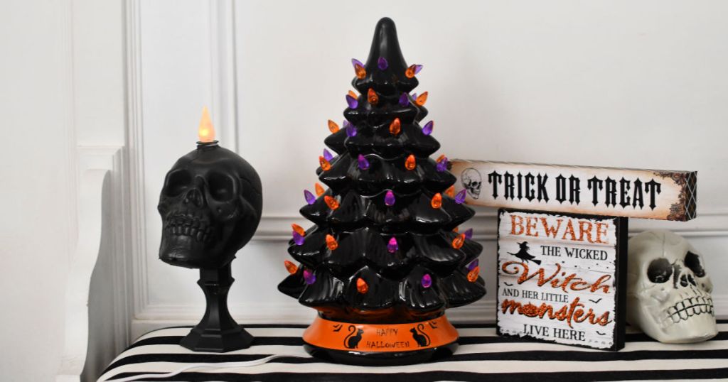 Best Choice Products Pre-Lit 15in Ceramic Tabletop Halloween Tree Holiday Decoration w/Orange & Purple Bulb Lights 